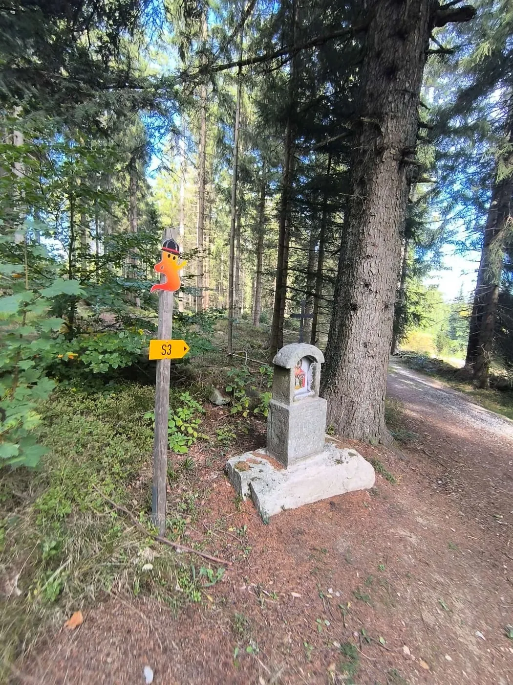 Wegweiser im Wald mit der Markierung des Erlebniswegs