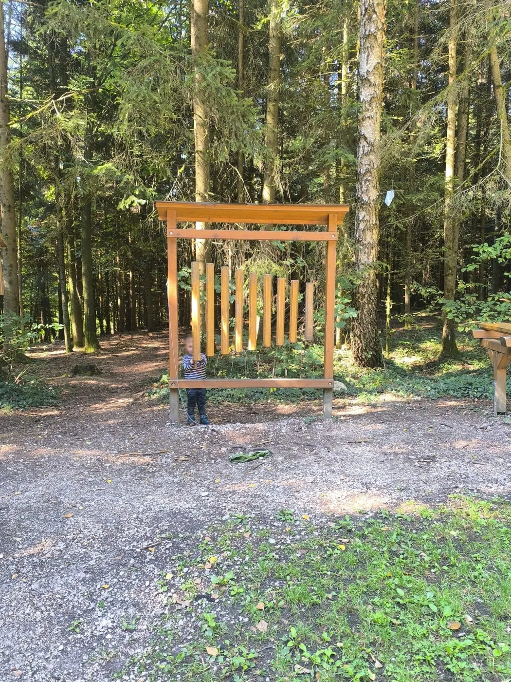 Kind spielt am Waldxylophon