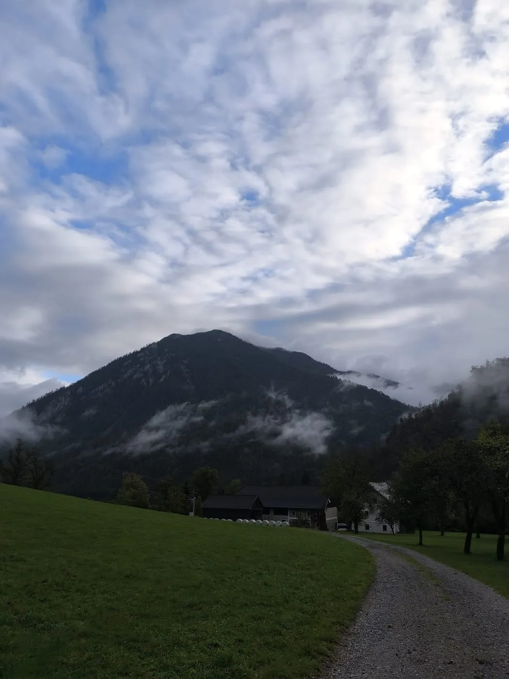 Wolkenverhangener Berg über der Wiese