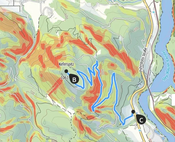 Kartenausschnitt mit dem Verlauf meiner Runde: Start unten bei der Pyhrnpass Straße, Gipfel links oben (c) alpenvereinaktiv